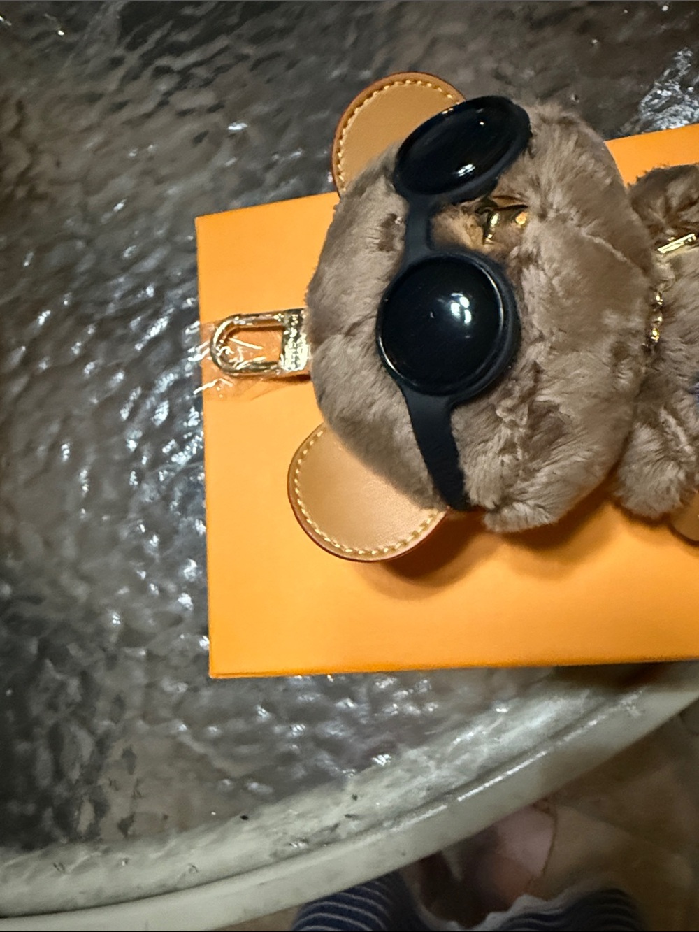 Louis Vuitton Brown Plush Bear Keychain with Blue Plaid Shorts and Black Goggles - Picture 2 of 6